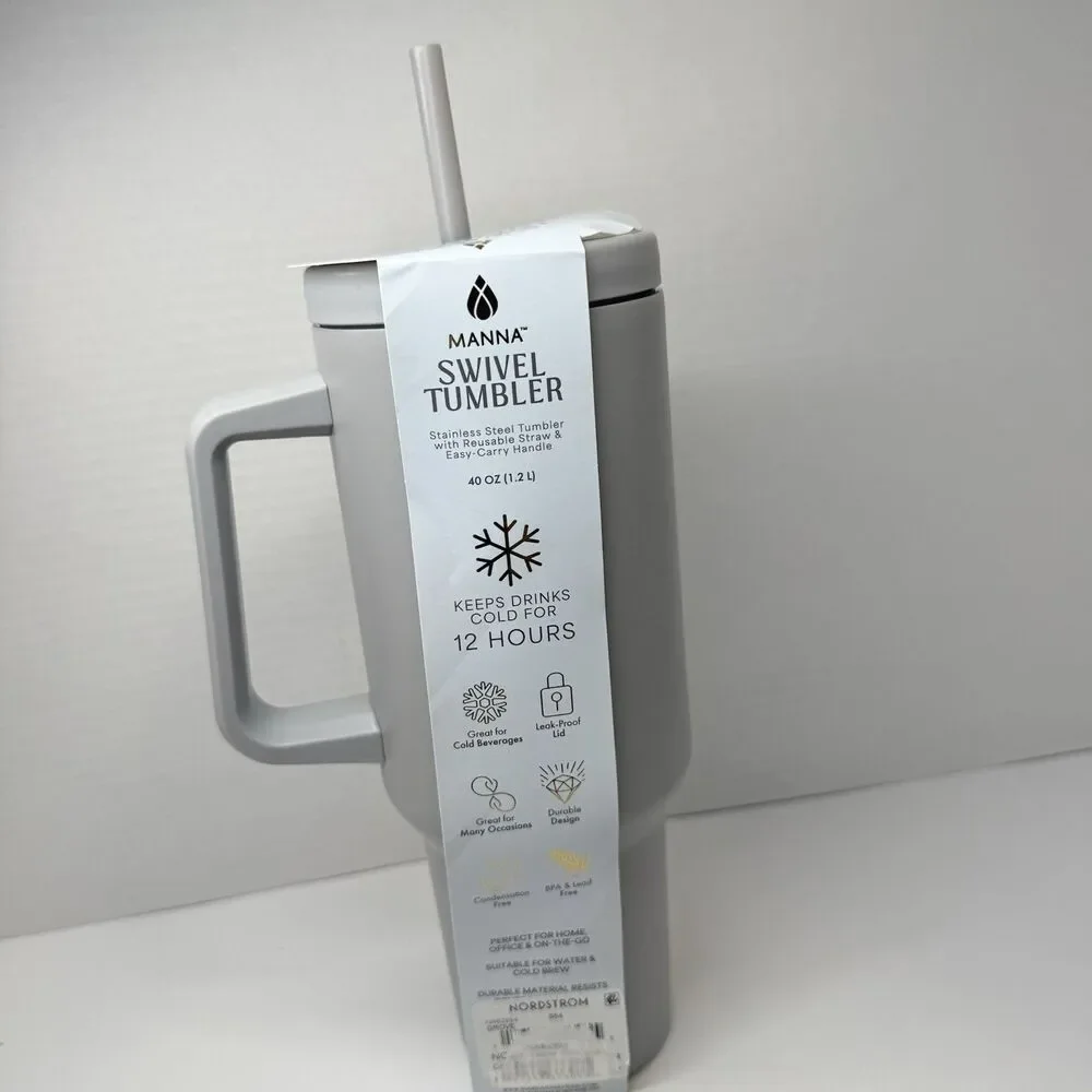MANNA Easy Carry Handle Stainless Steel Tumbler Gray 40 Oz Reusable Straw New